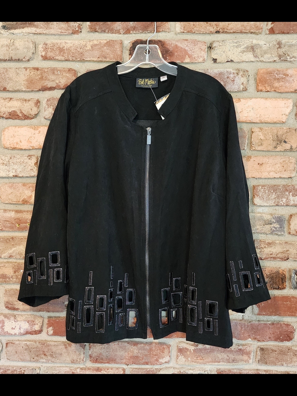 Bob Mackie Black Zip-Front Suede Jacket with Geometric Embellishments